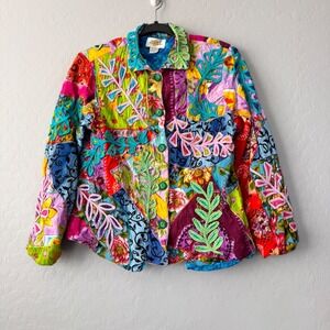 Sandy Starkman Medium Colorful  Floral Patchwork Embroidered Button Up Jacket